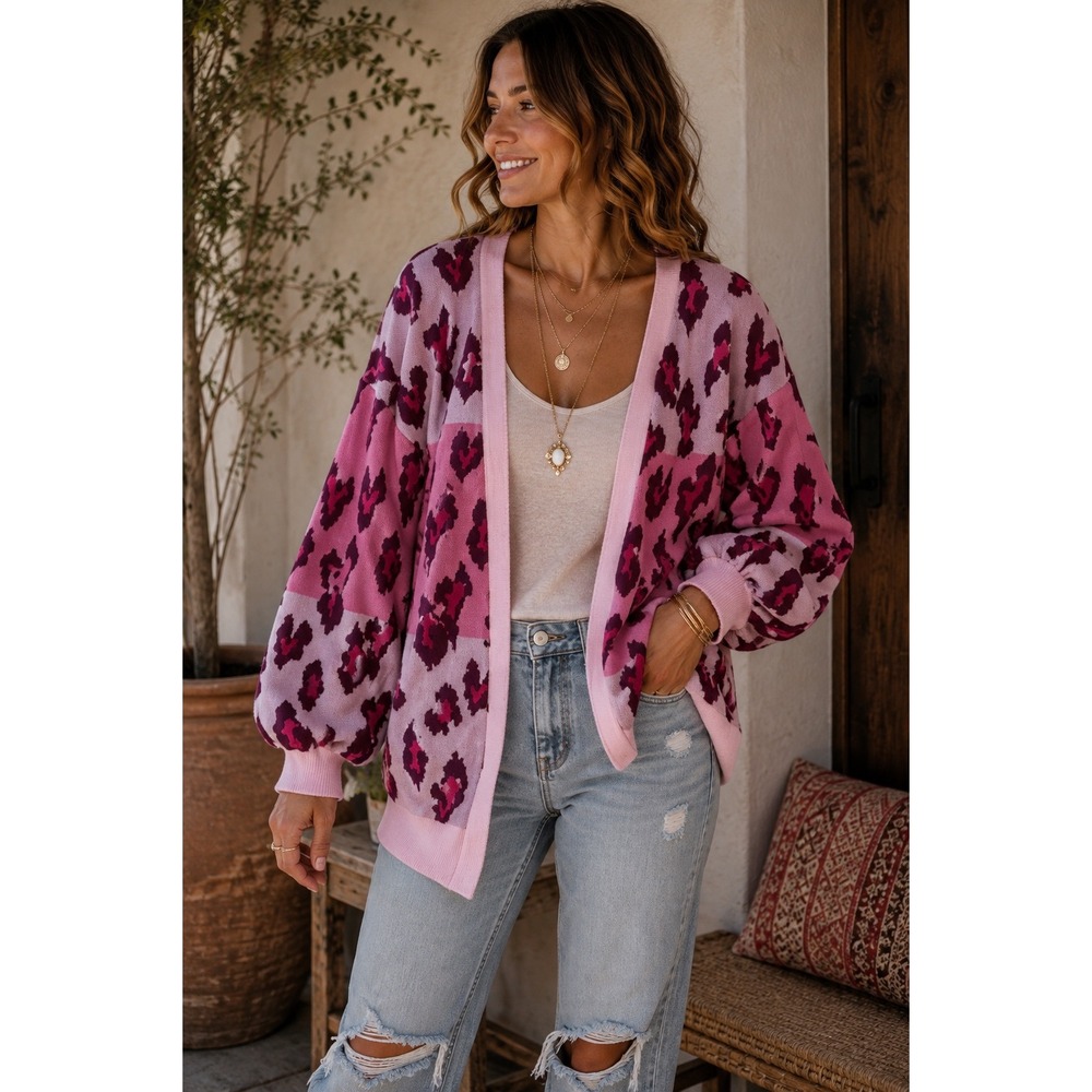 Fate Pink Leopard Print Open Front Cardigan Balloon Sleeve Sweater Small NEW